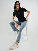 Women T-Shirt Solid Black Regular Fit