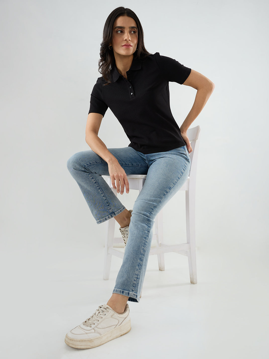Women T-Shirt Solid Black Regular Fit