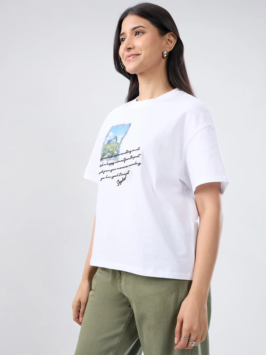 Women T-Shirt Graphic White Oversized Fit