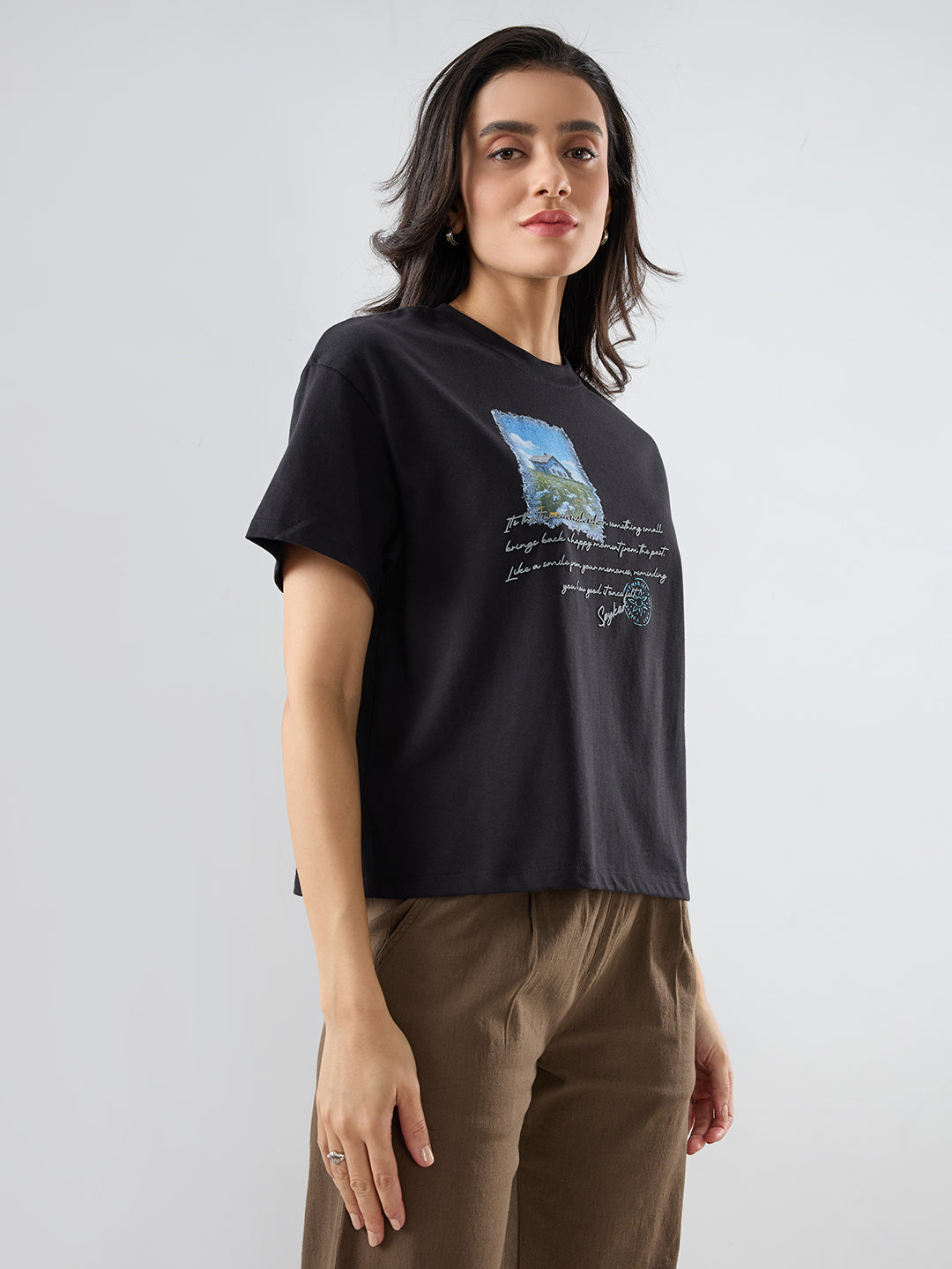 Women T-Shirt Graphic Black Oversized Fit
