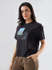 Women T-Shirt Graphic Black Oversized Fit