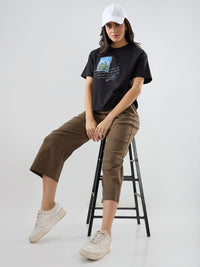 Women T-Shirt Graphic Black Oversized Fit