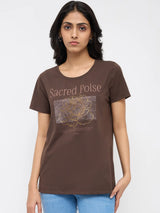 Women T-Shirt Graphic Brown Regular Fit