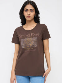 Women T-Shirt Graphic Brown Regular Fit