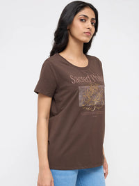 Women T-Shirt Graphic Brown Regular Fit