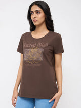 Women T-Shirt Graphic Brown Regular Fit