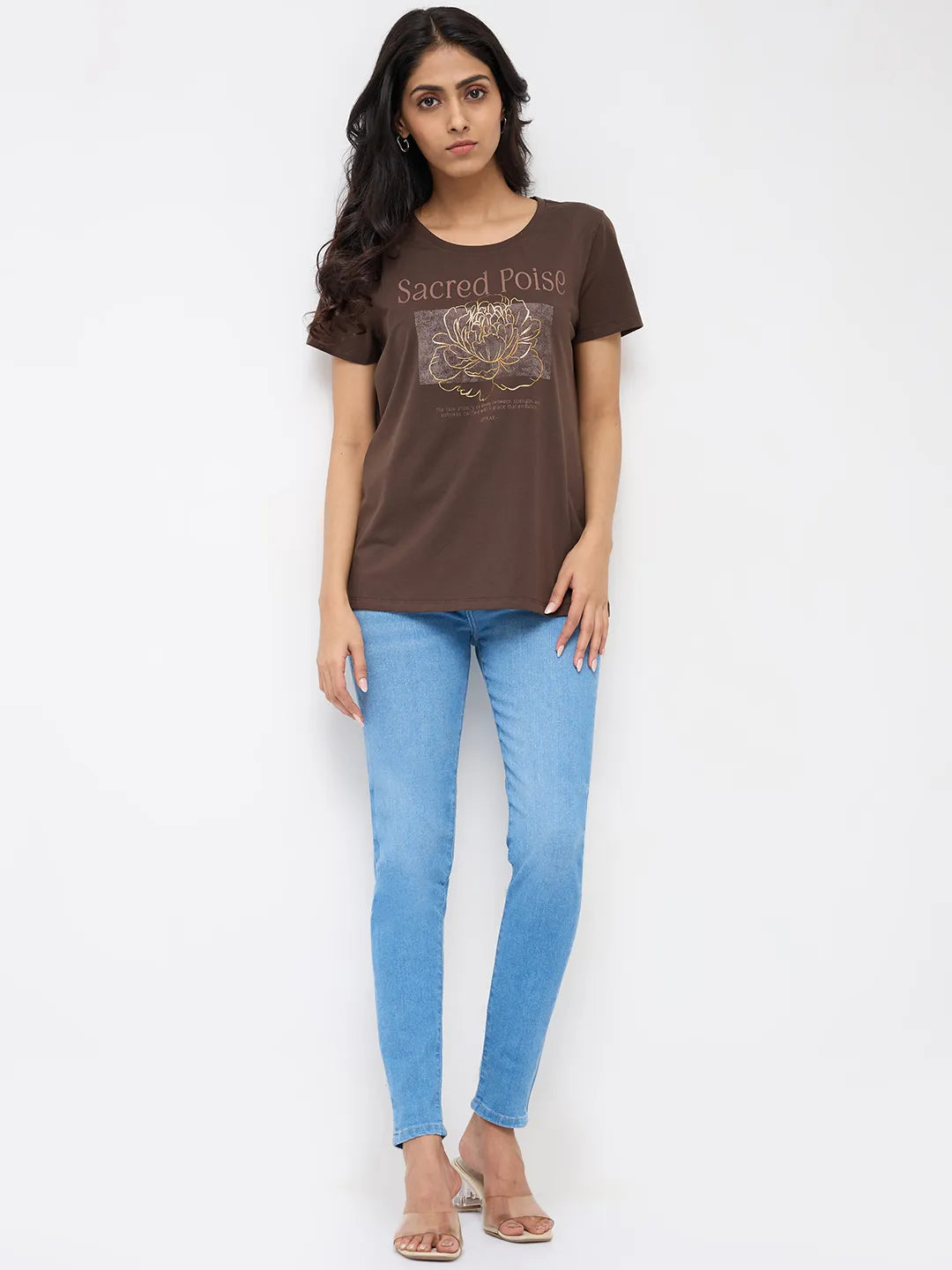 Women T-Shirt Graphic Brown Regular Fit