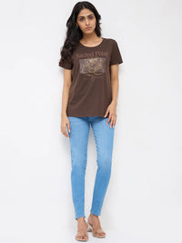 Women T-Shirt Graphic Brown Regular Fit