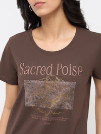 Women T-Shirt Graphic Brown Regular Fit