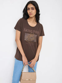 Women T-Shirt Graphic Brown Regular Fit
