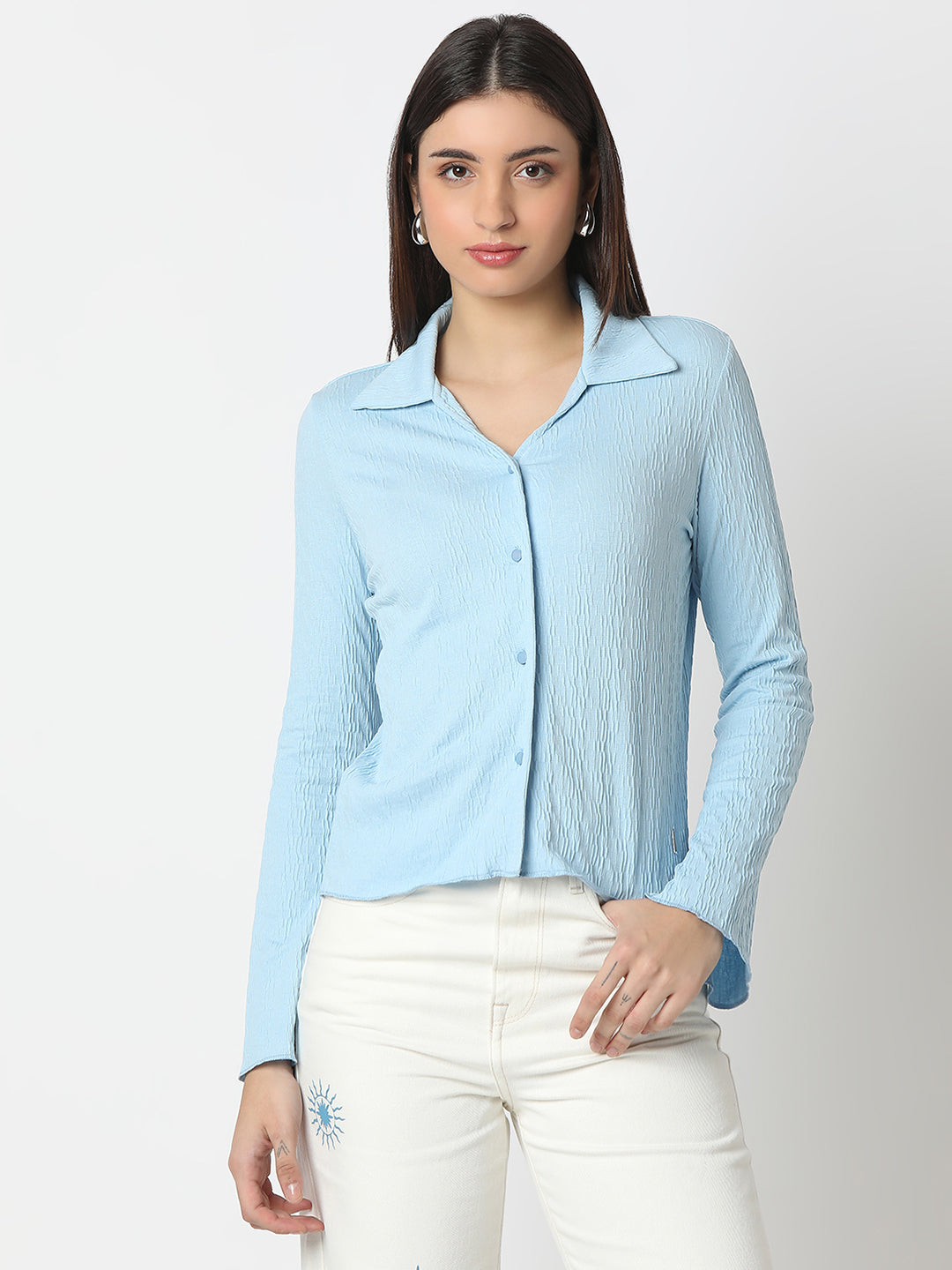 Spykar Glacial Blue Slim Fit Full Sleeves Shirt For Women