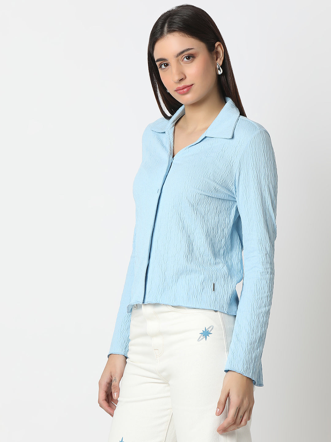 Spykar Glacial Blue Slim Fit Full Sleeves Shirt For Women