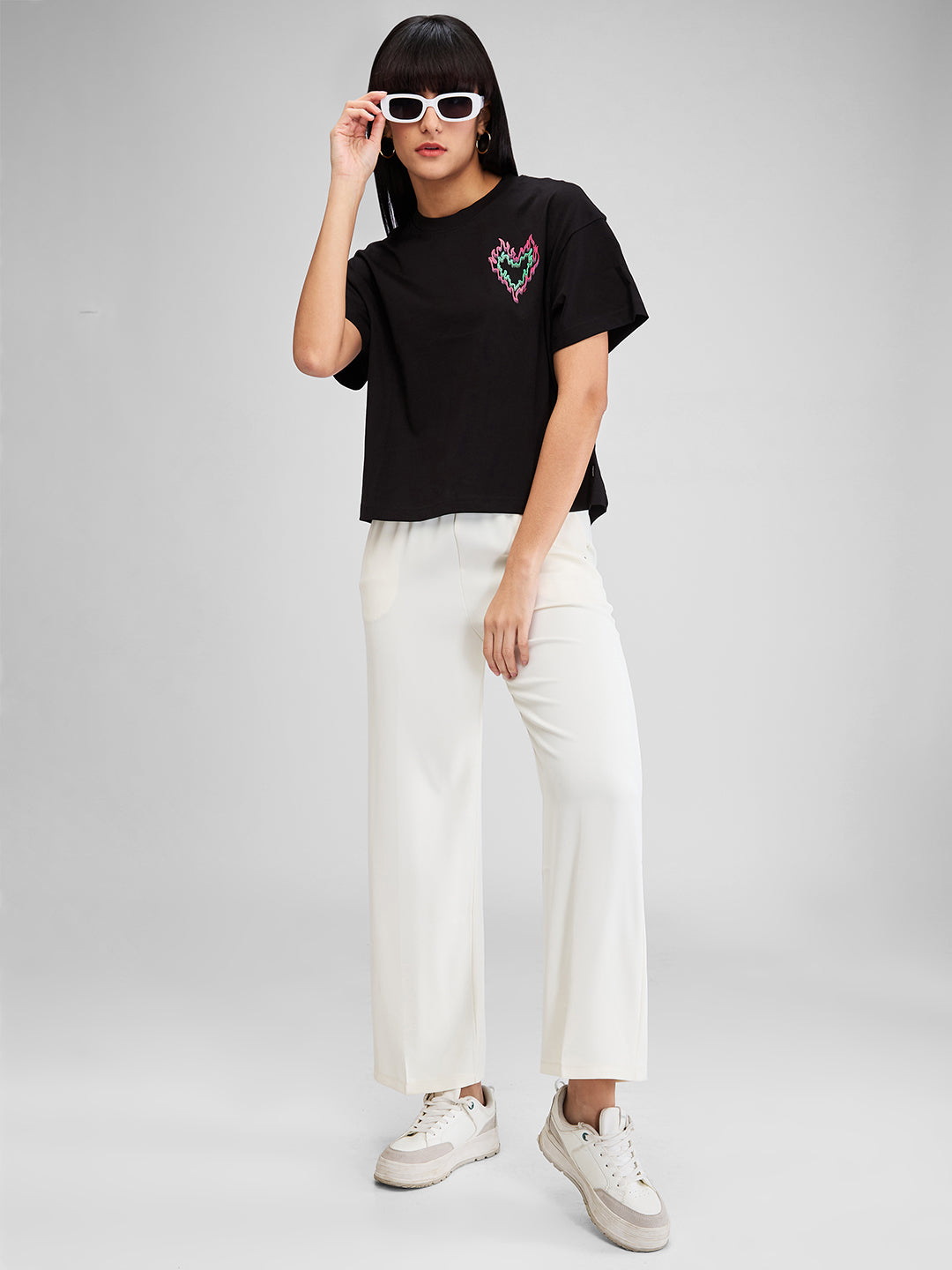 Women T-Shirt Solid Black Oversize Fit