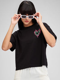 Women T-Shirt Solid Black Oversize Fit