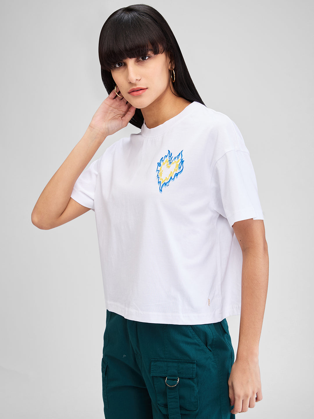 Spykar White Half Sleeves Oversize Fit Solid T-Shirt For Women