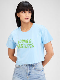 Women T-Shirt Solid Blue Boxy Fit