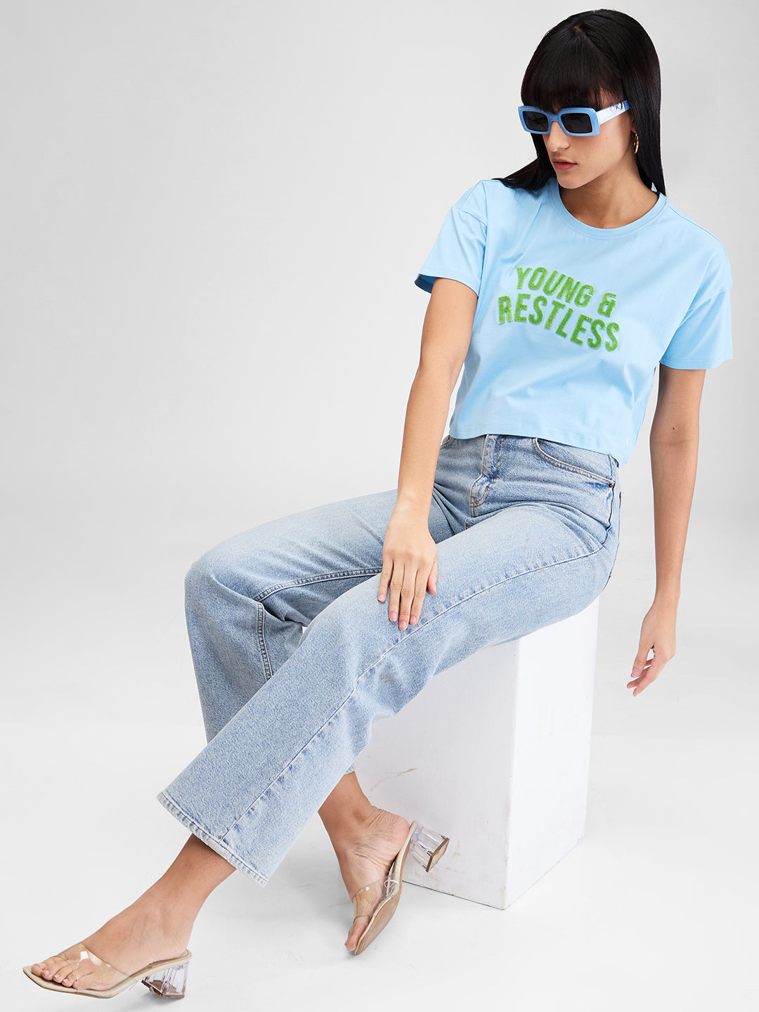 Women T-Shirt Solid Blue Boxy Fit