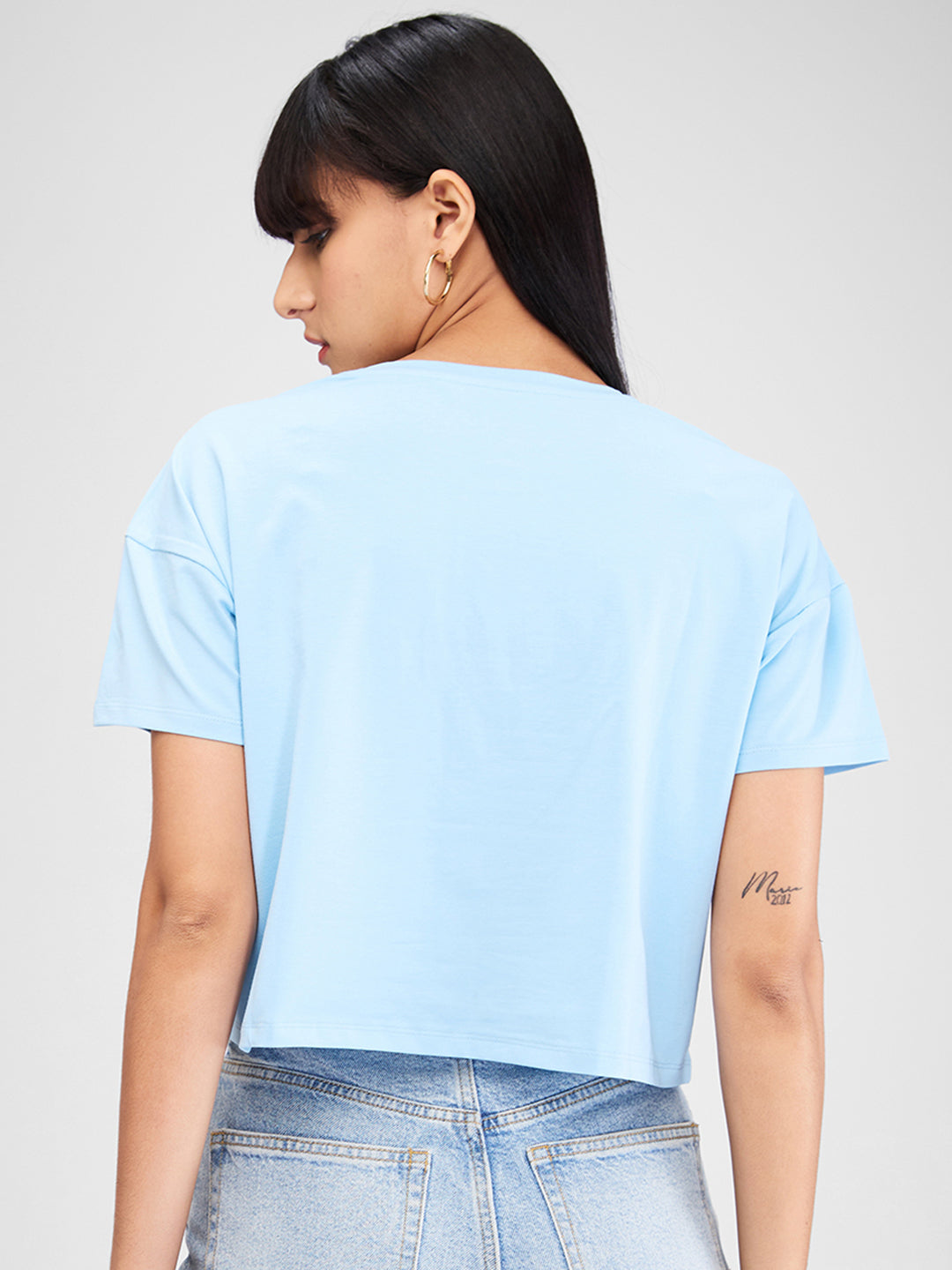 Spykar Blue Half Sleeves Boxy Fit Solid T-Shirt For Women