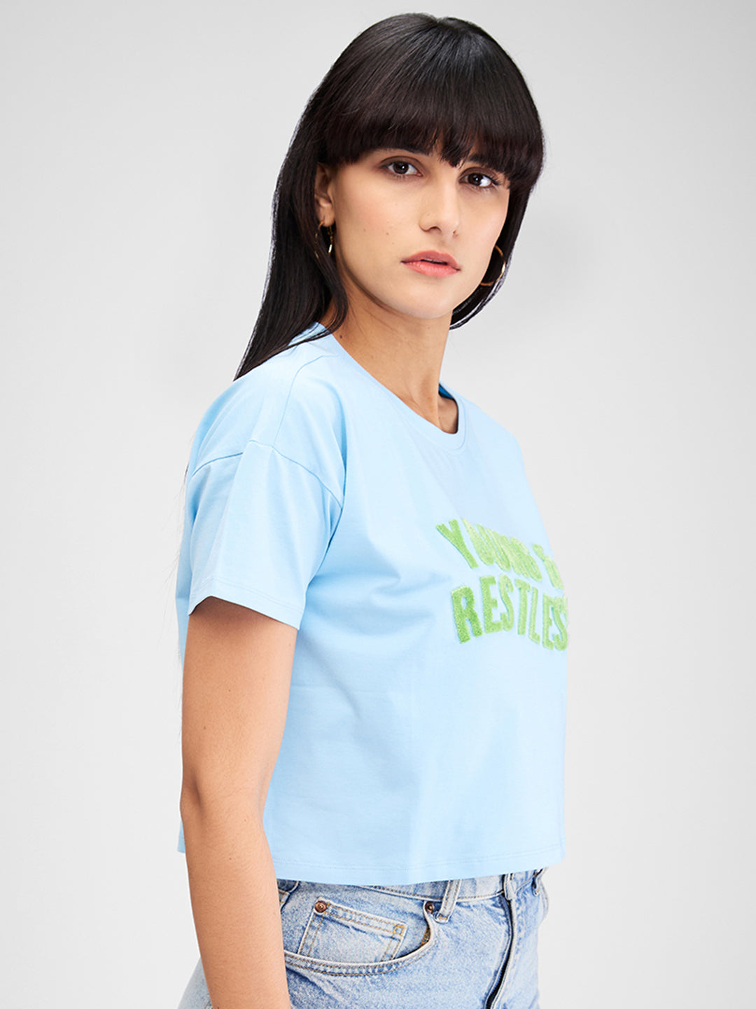 Spykar Blue Half Sleeves Boxy Fit Solid T-Shirt For Women