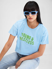 Women T-Shirt Solid Blue Boxy Fit