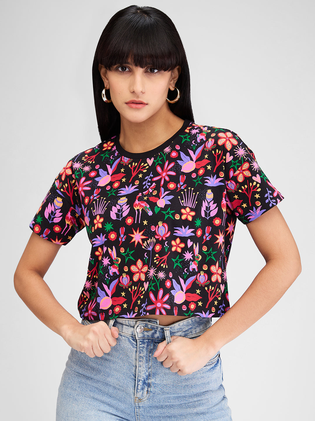 Spykar Black Half Sleeves Boxy Fit Printed T-Shirt For Women