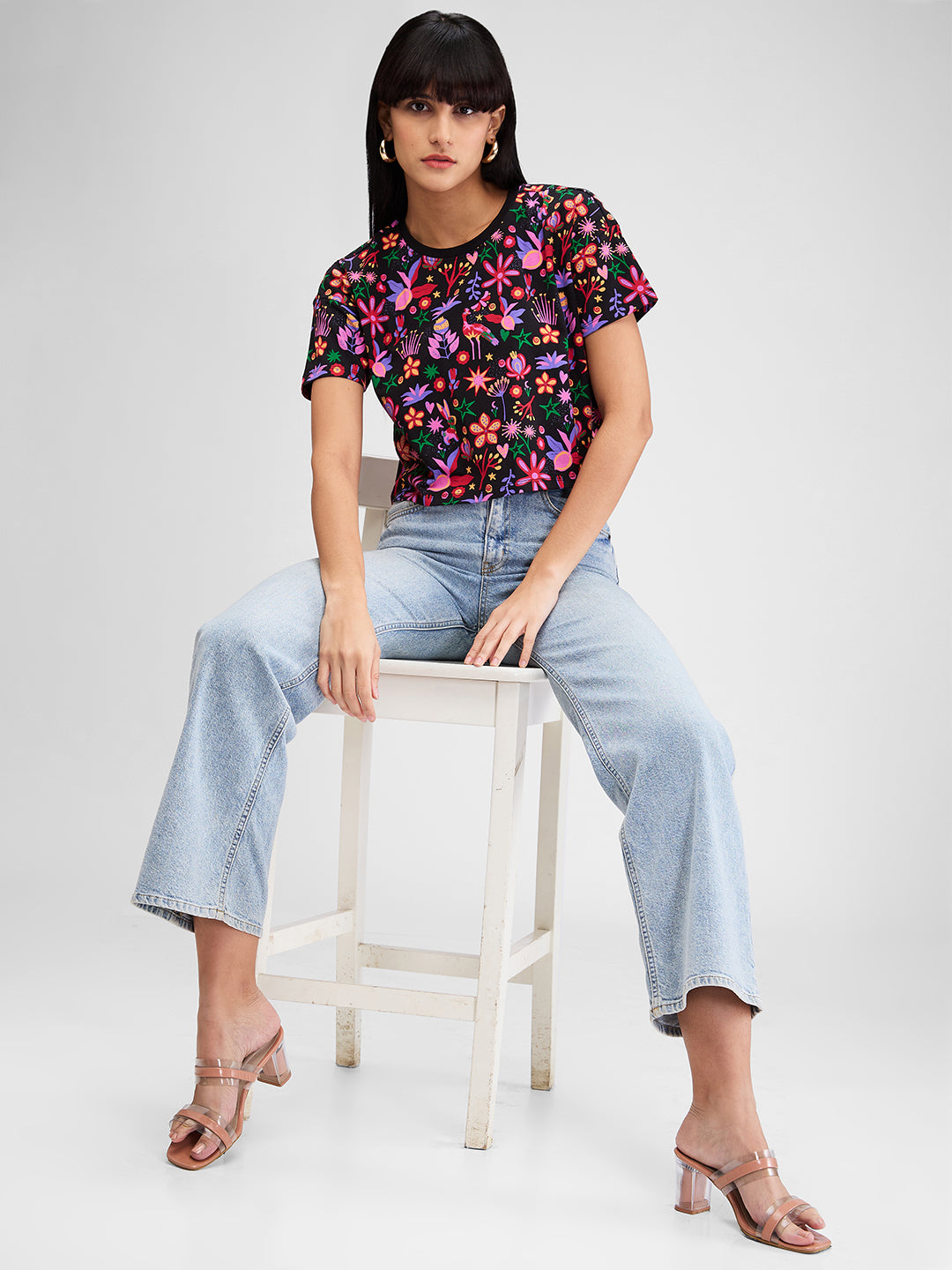 Women T-Shirt Print Black Boxy Fit