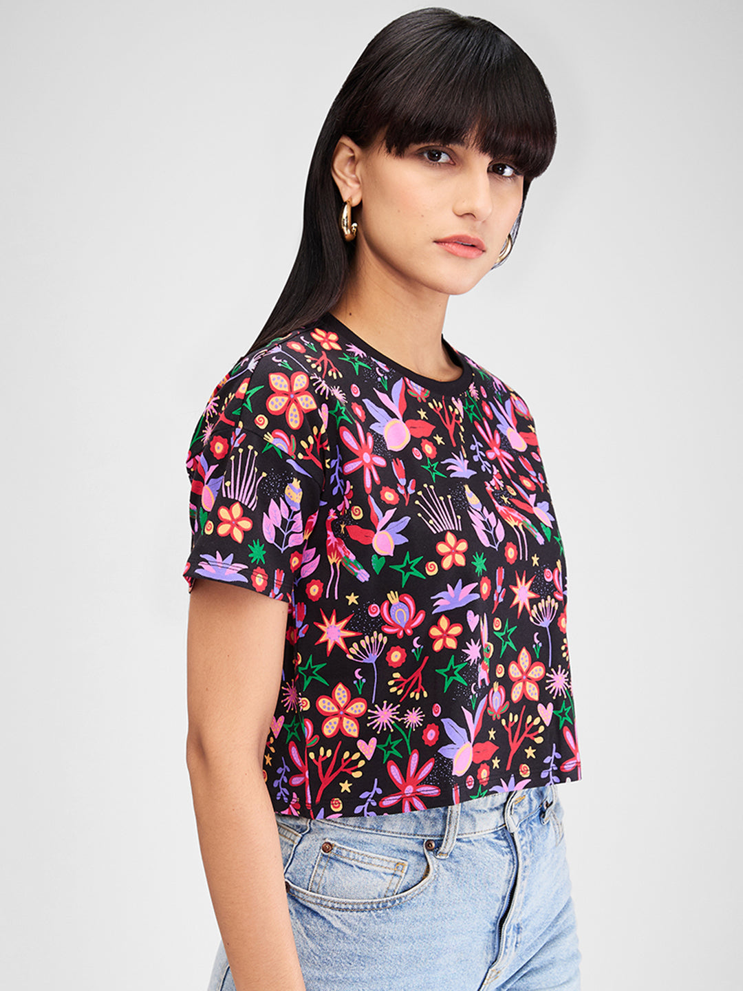 Spykar Black Half Sleeves Boxy Fit Printed T-Shirt For Women