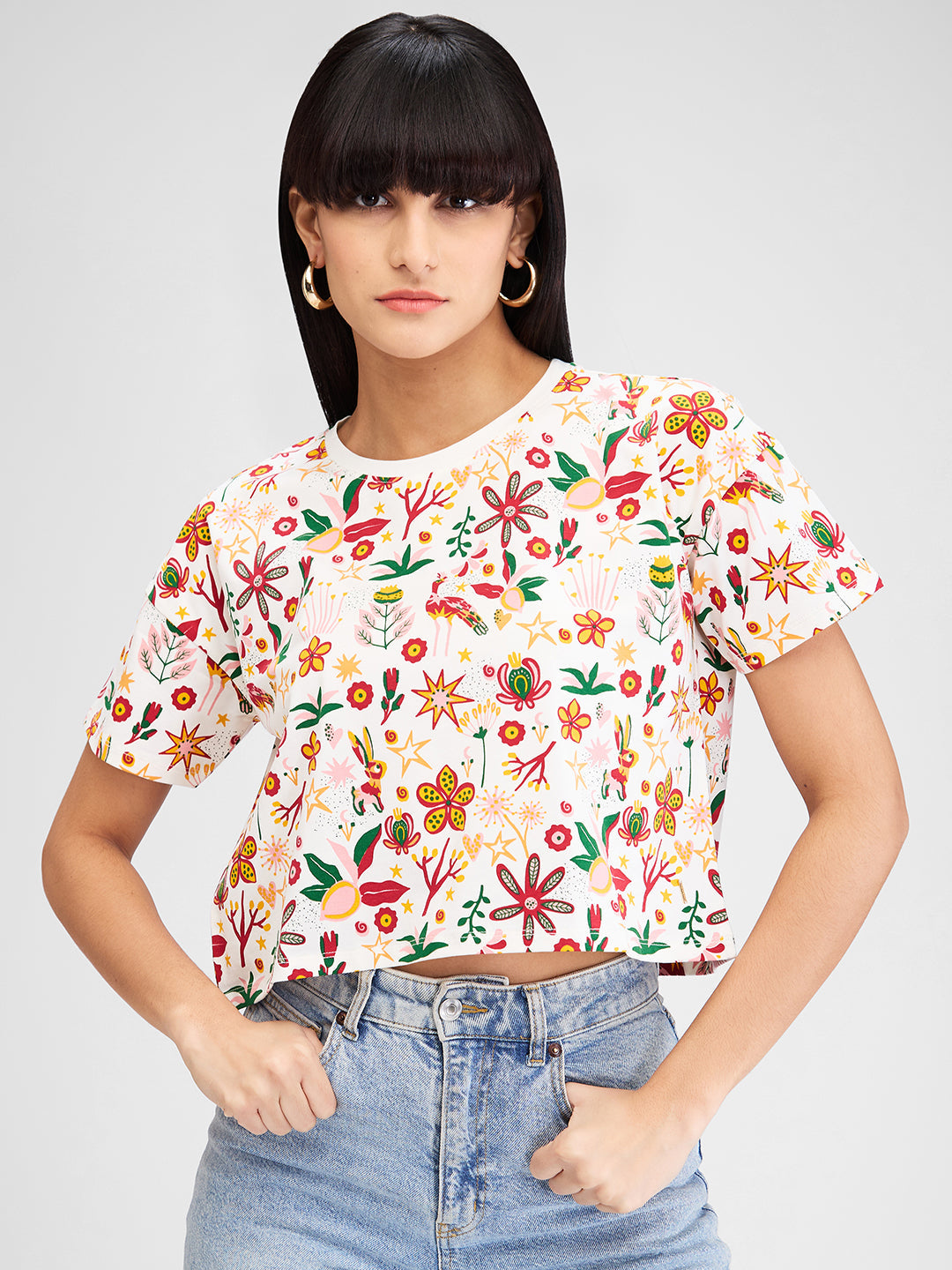 Spykar White Half Sleeves Boxy Fit Printed T-Shirt For Women