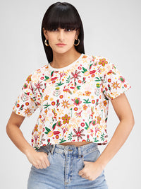 Women T-Shirt White Print Boxy Fit