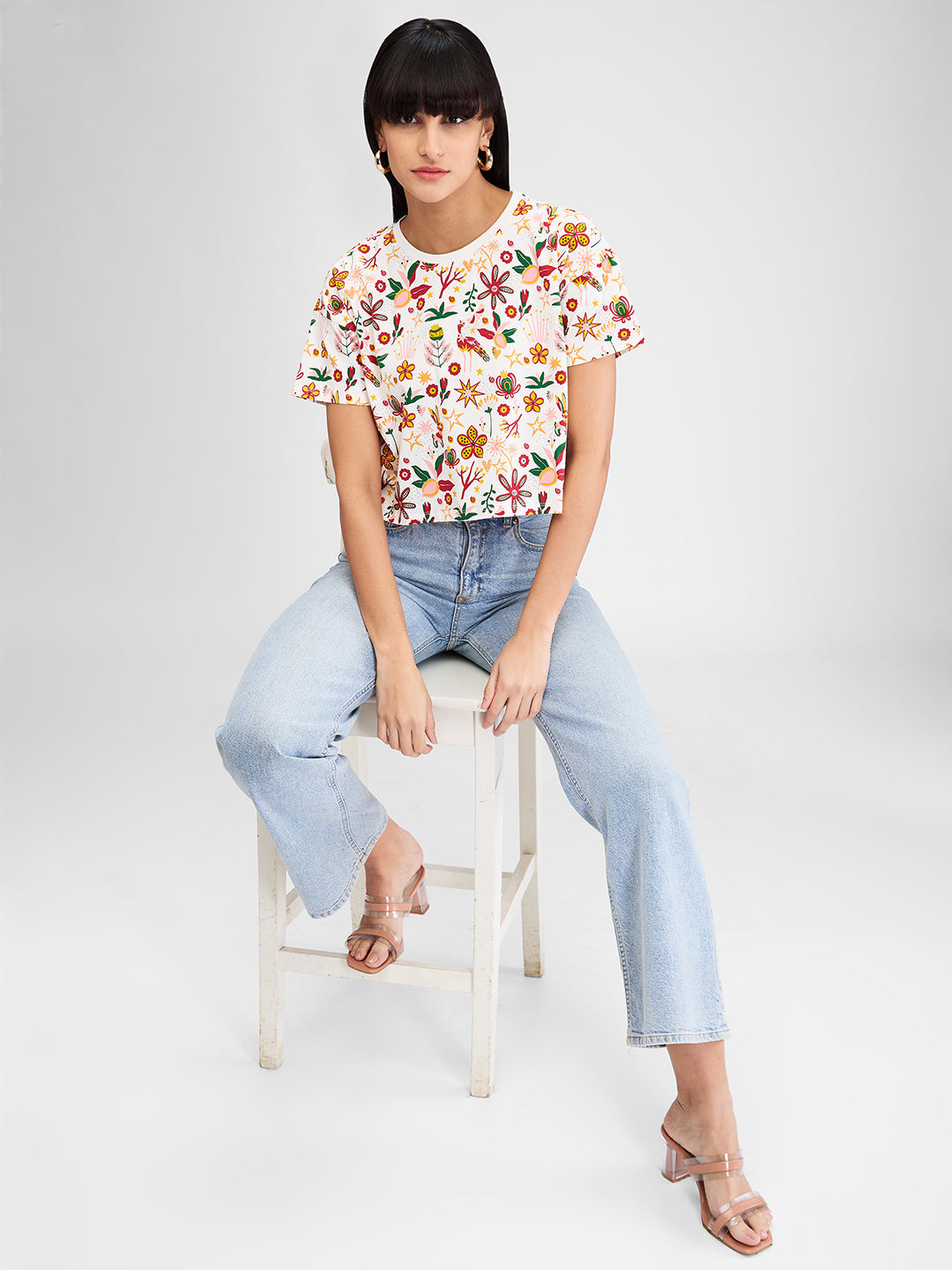 Spykar White Half Sleeves Boxy Fit Printed T-Shirt For Women