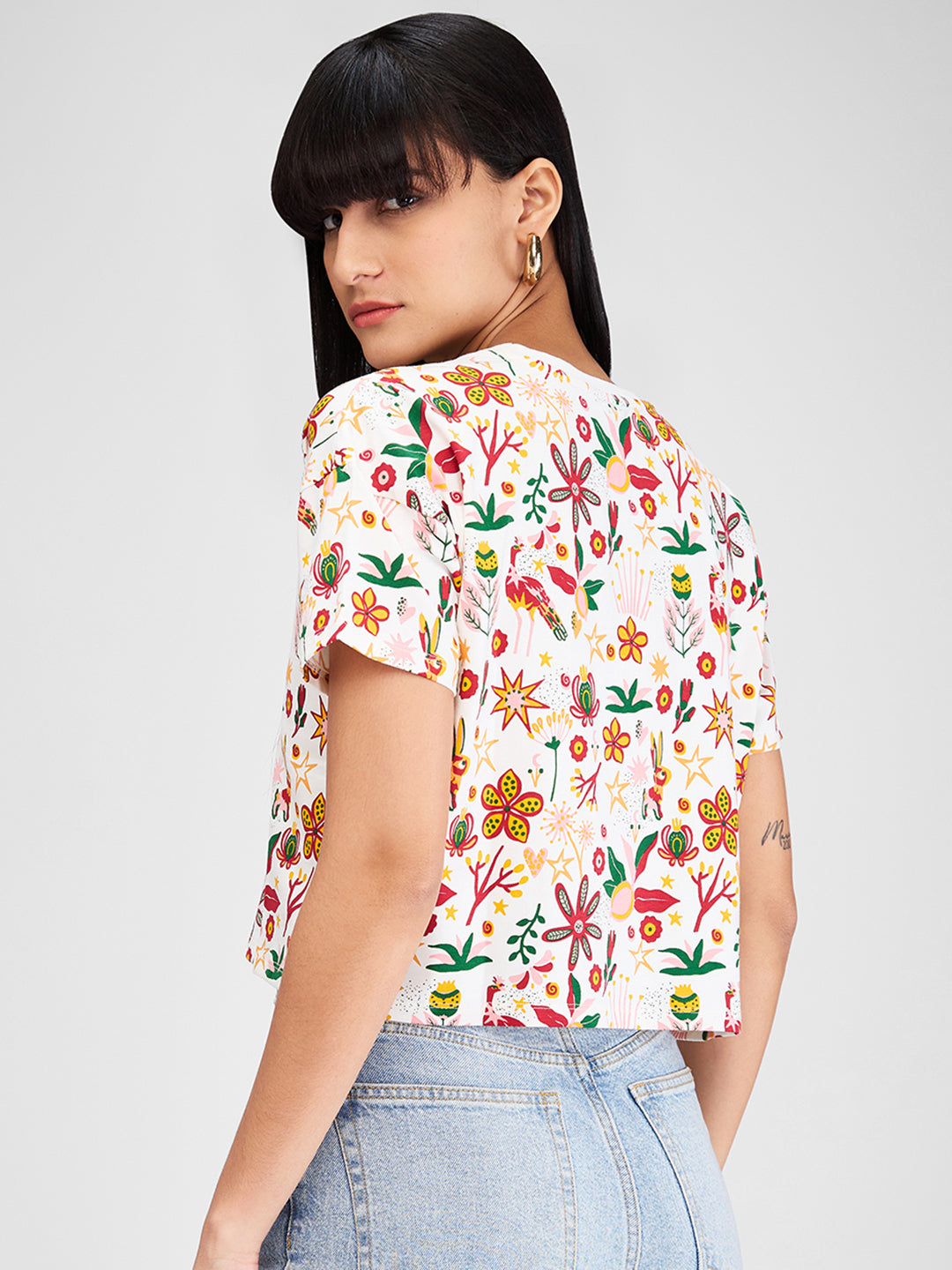 Spykar White Half Sleeves Boxy Fit Printed T-Shirt For Women