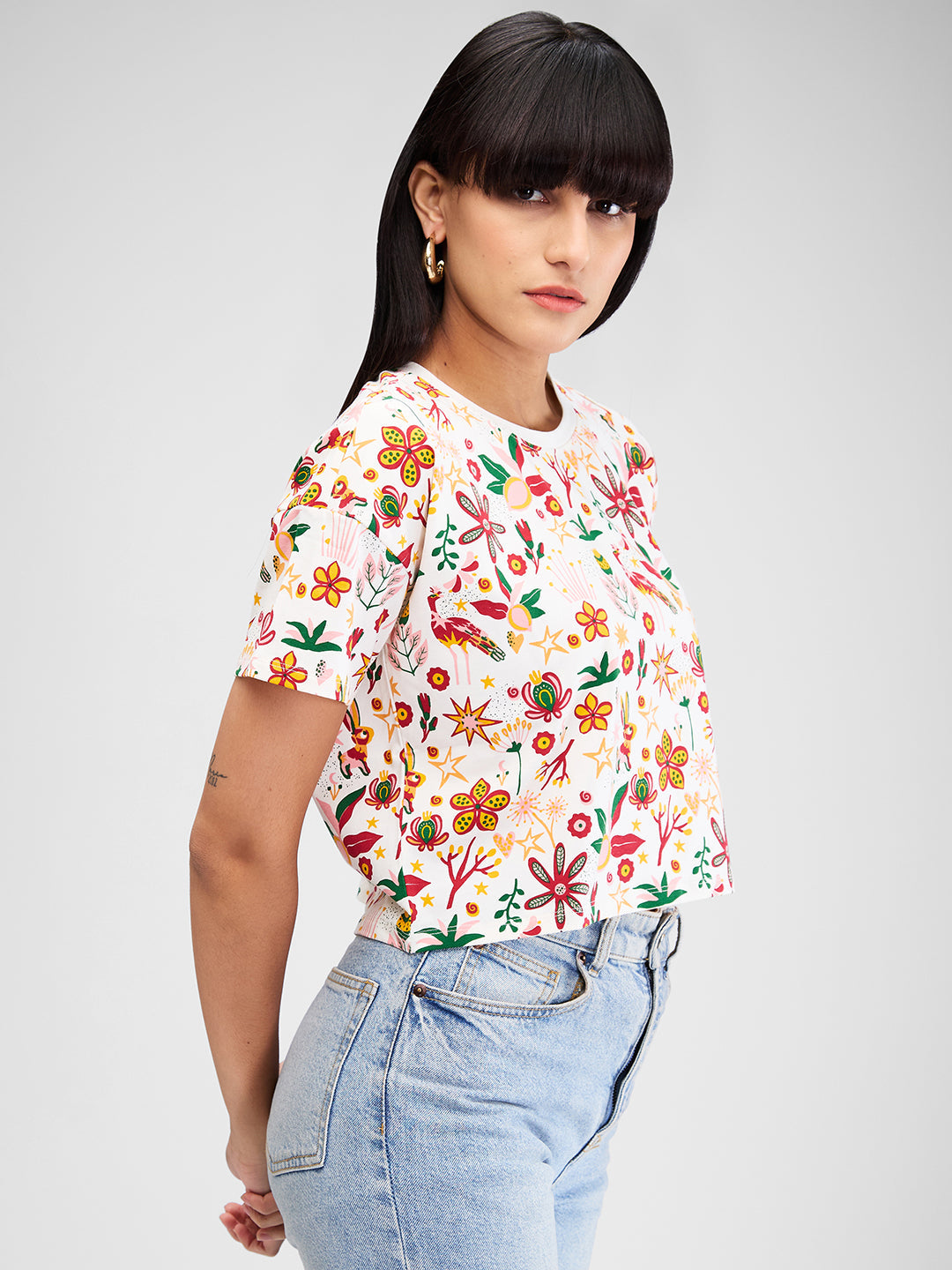 Spykar White Half Sleeves Boxy Fit Printed T-Shirt For Women