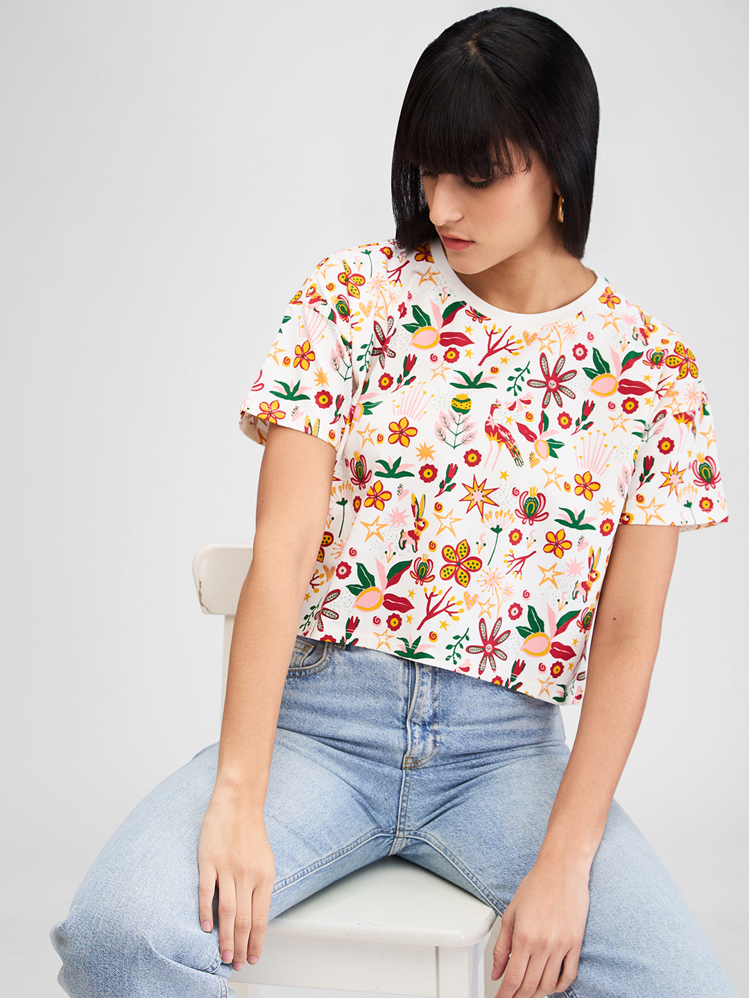 Women T-Shirt White Print Boxy Fit