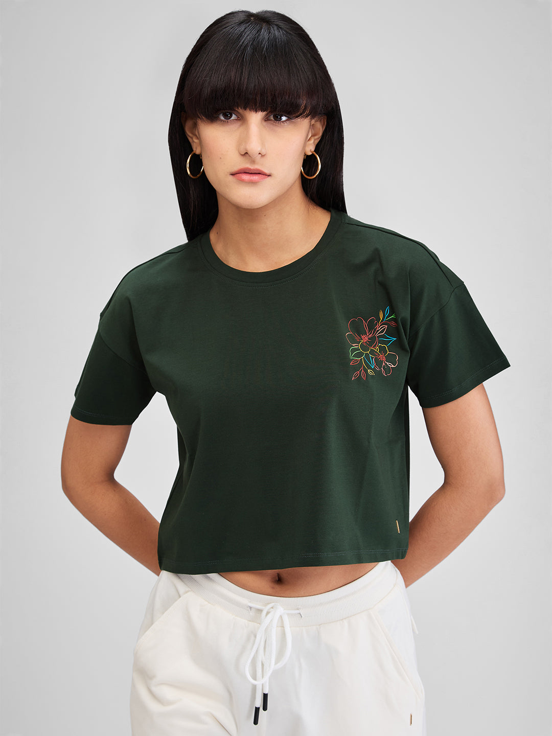 Spykar Green Half Sleeves Boxy Fit Solid T-Shirt For Women