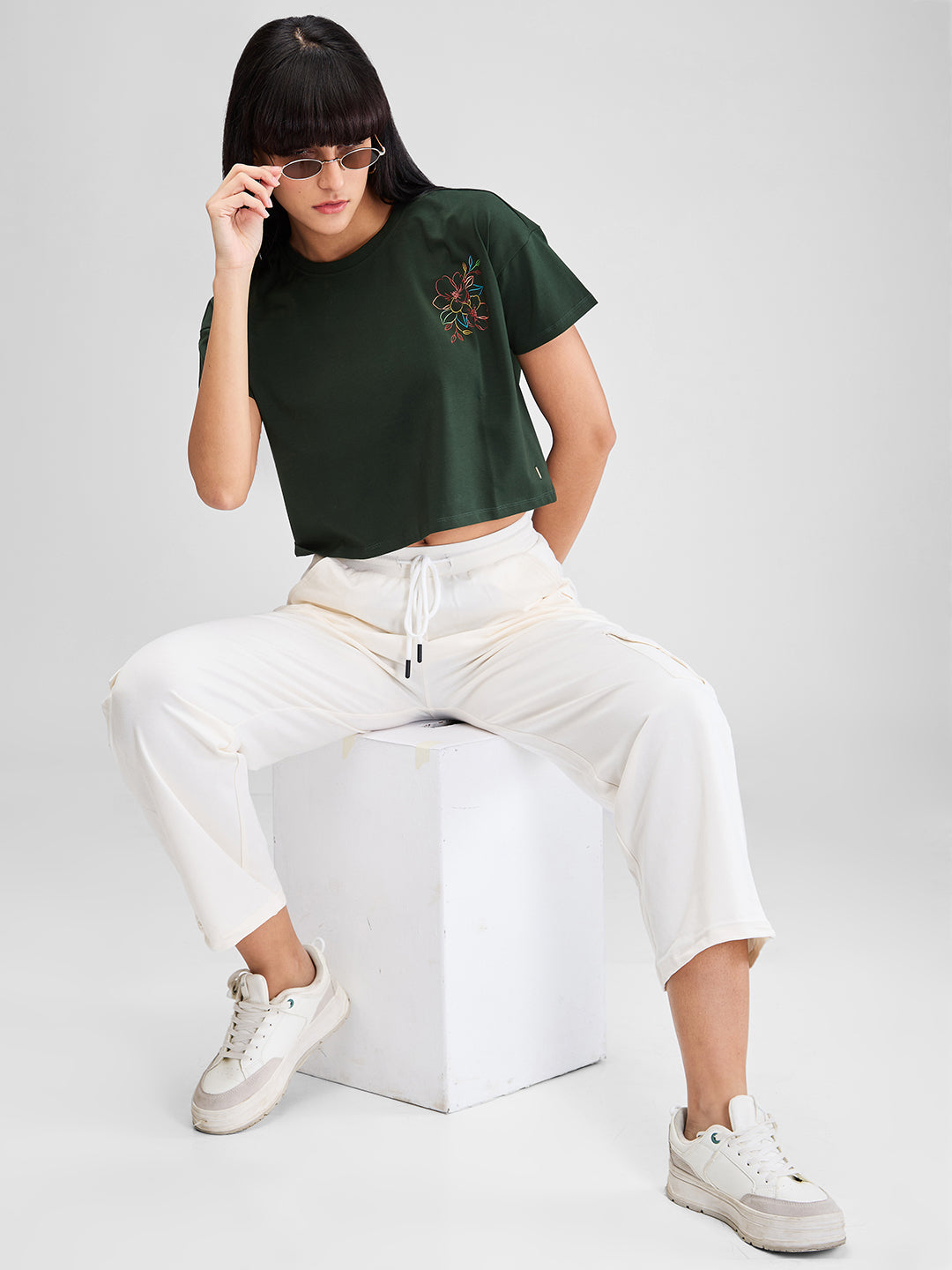 Women T-Shirt Solid Green Boxy Fit
