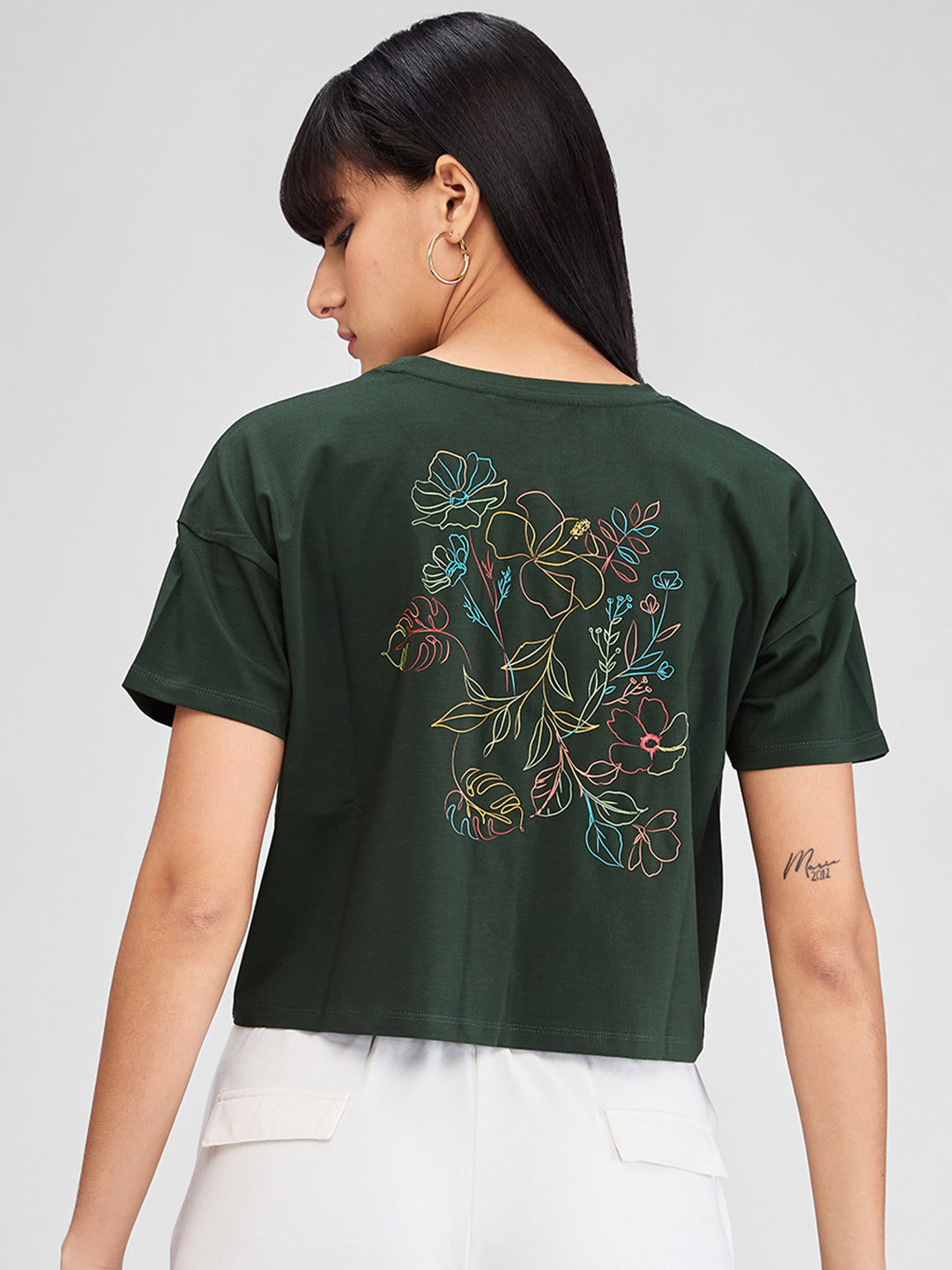 Women T-Shirt Solid Green Boxy Fit