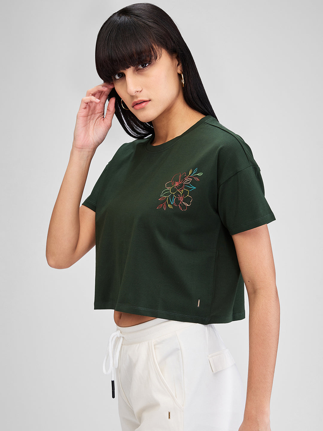 Spykar Green Half Sleeves Boxy Fit Solid T-Shirt For Women