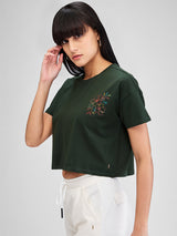 Women T-Shirt Solid Green Boxy Fit