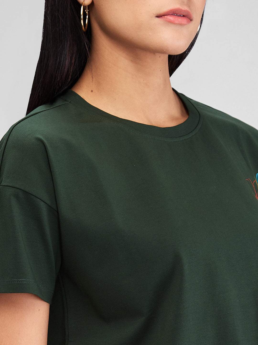 Spykar Green Half Sleeves Boxy Fit Solid T-Shirt For Women