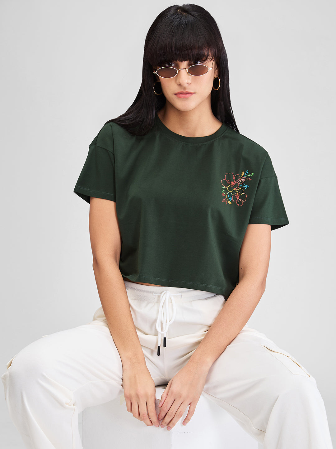 Spykar Green Half Sleeves Boxy Fit Solid T-Shirt For Women