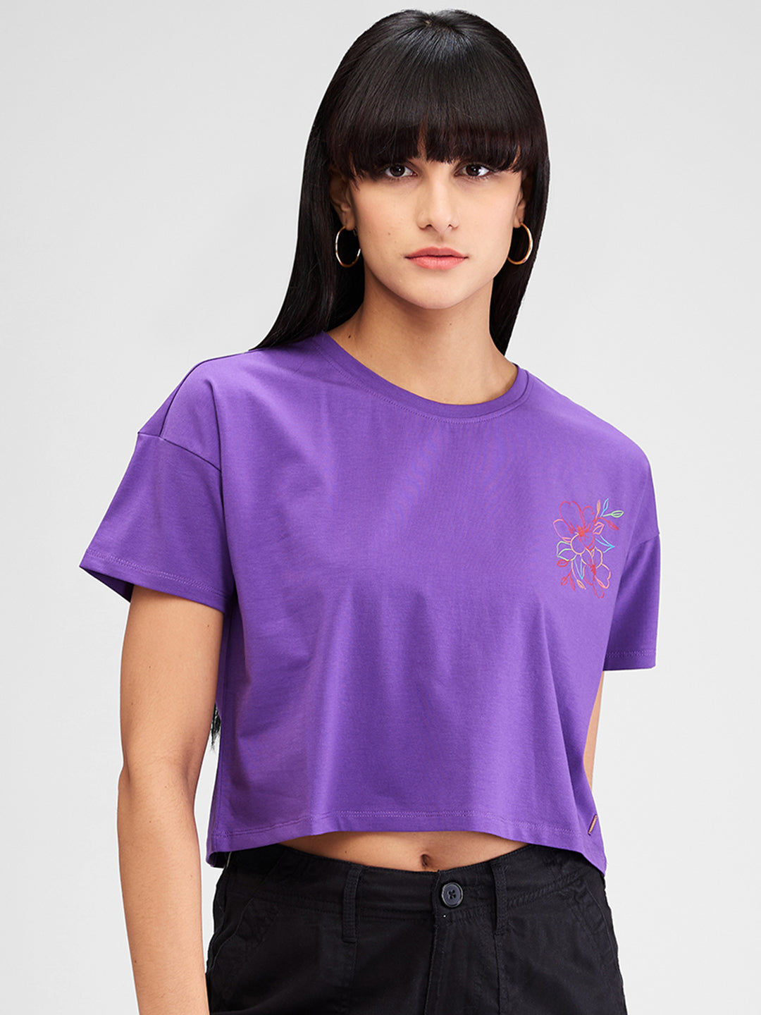 Spykar Purple Half Sleeves Boxy Fit Solid T-Shirt For Women