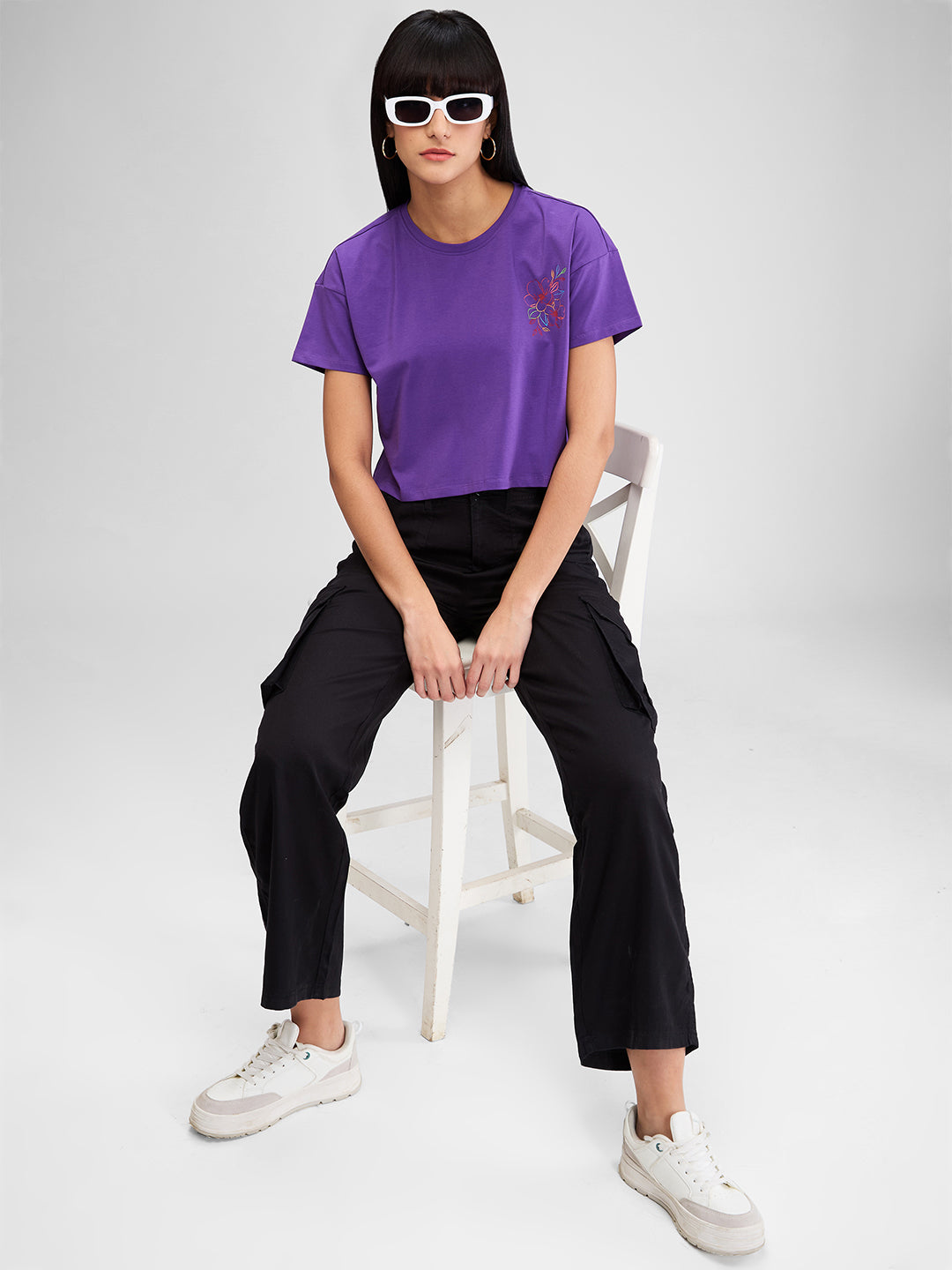 Spykar Purple Half Sleeves Boxy Fit Solid T-Shirt For Women