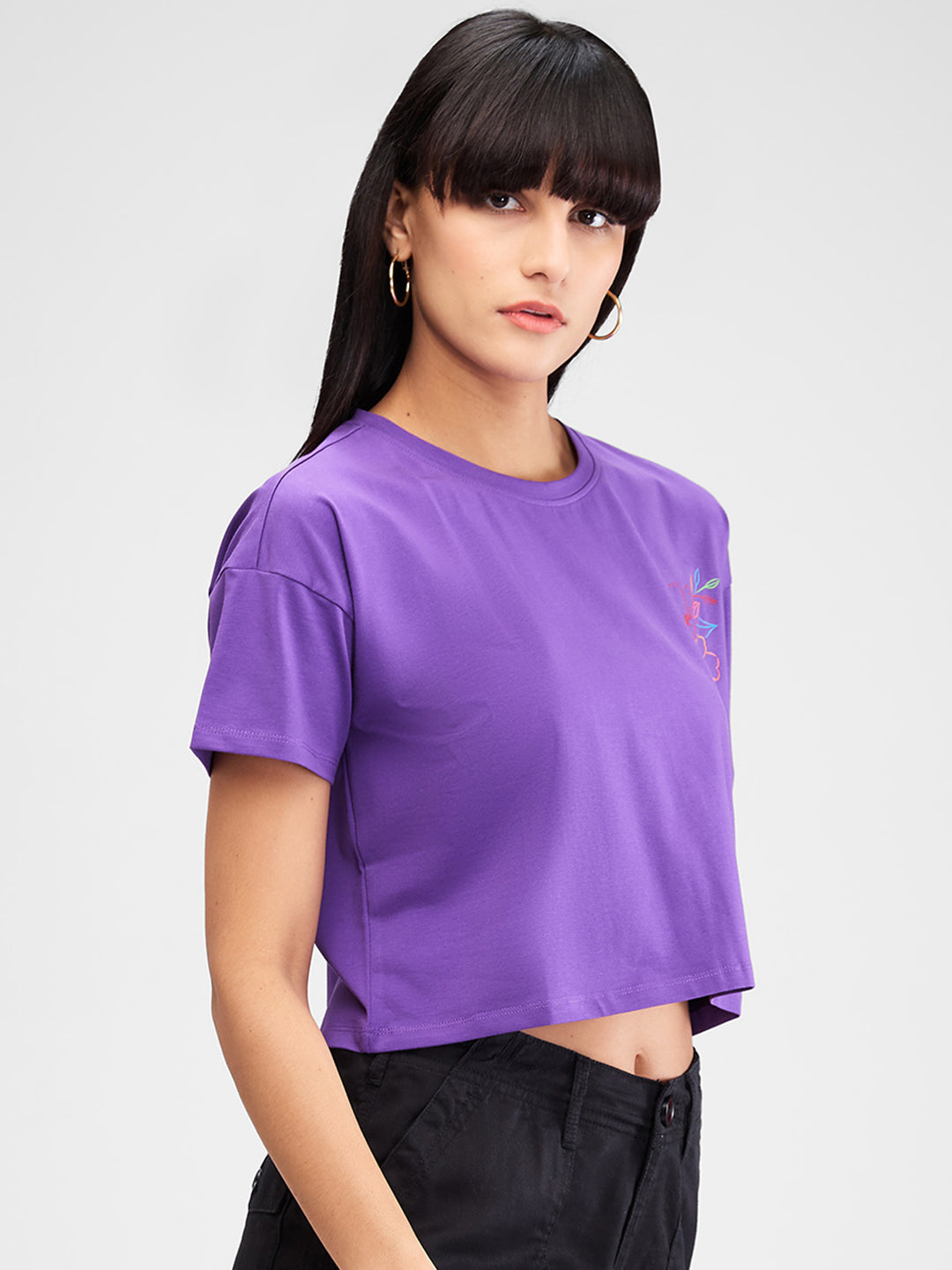 Spykar Purple Half Sleeves Boxy Fit Solid T-Shirt For Women