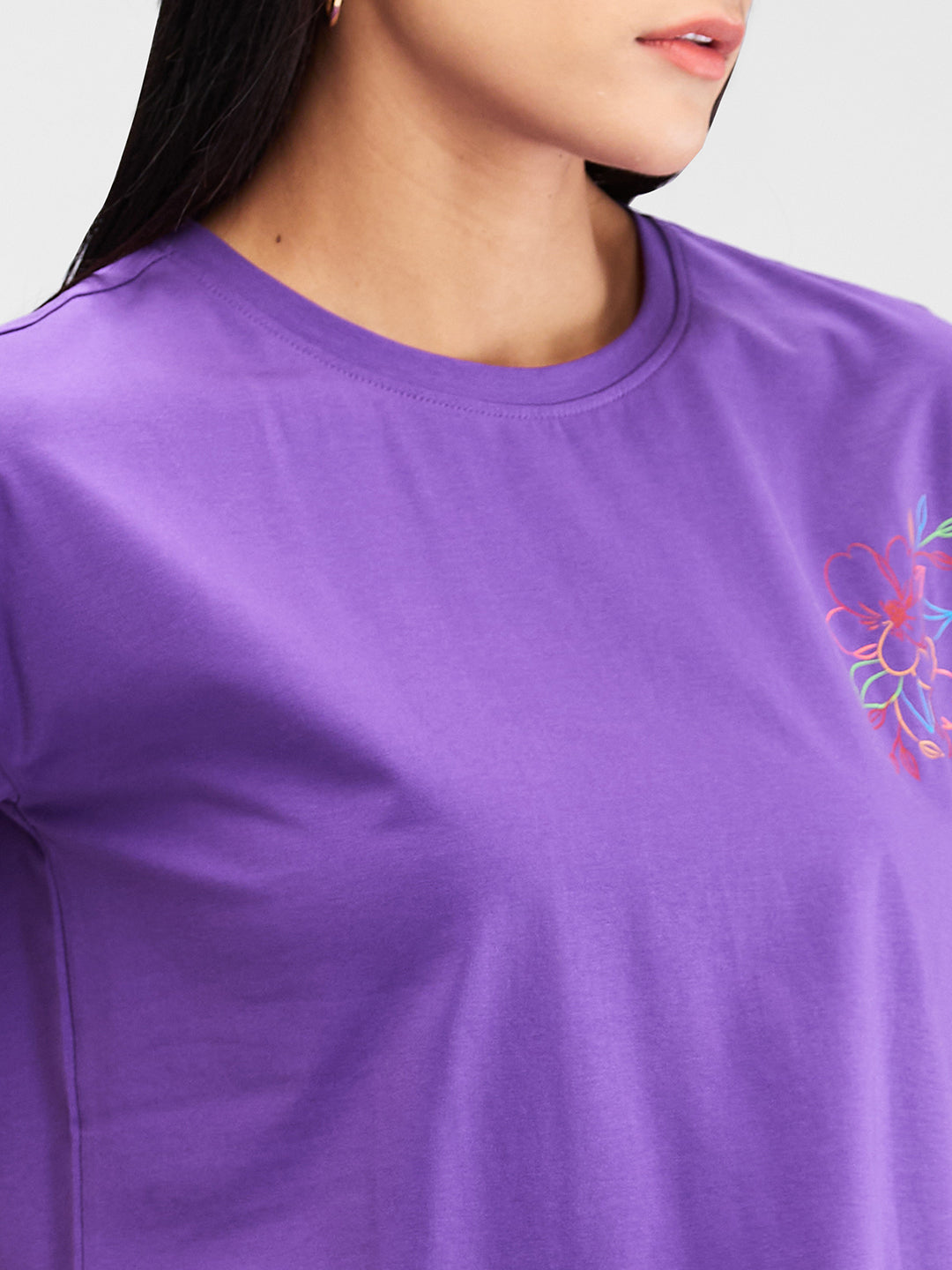 Spykar Purple Half Sleeves Boxy Fit Solid T-Shirt For Women