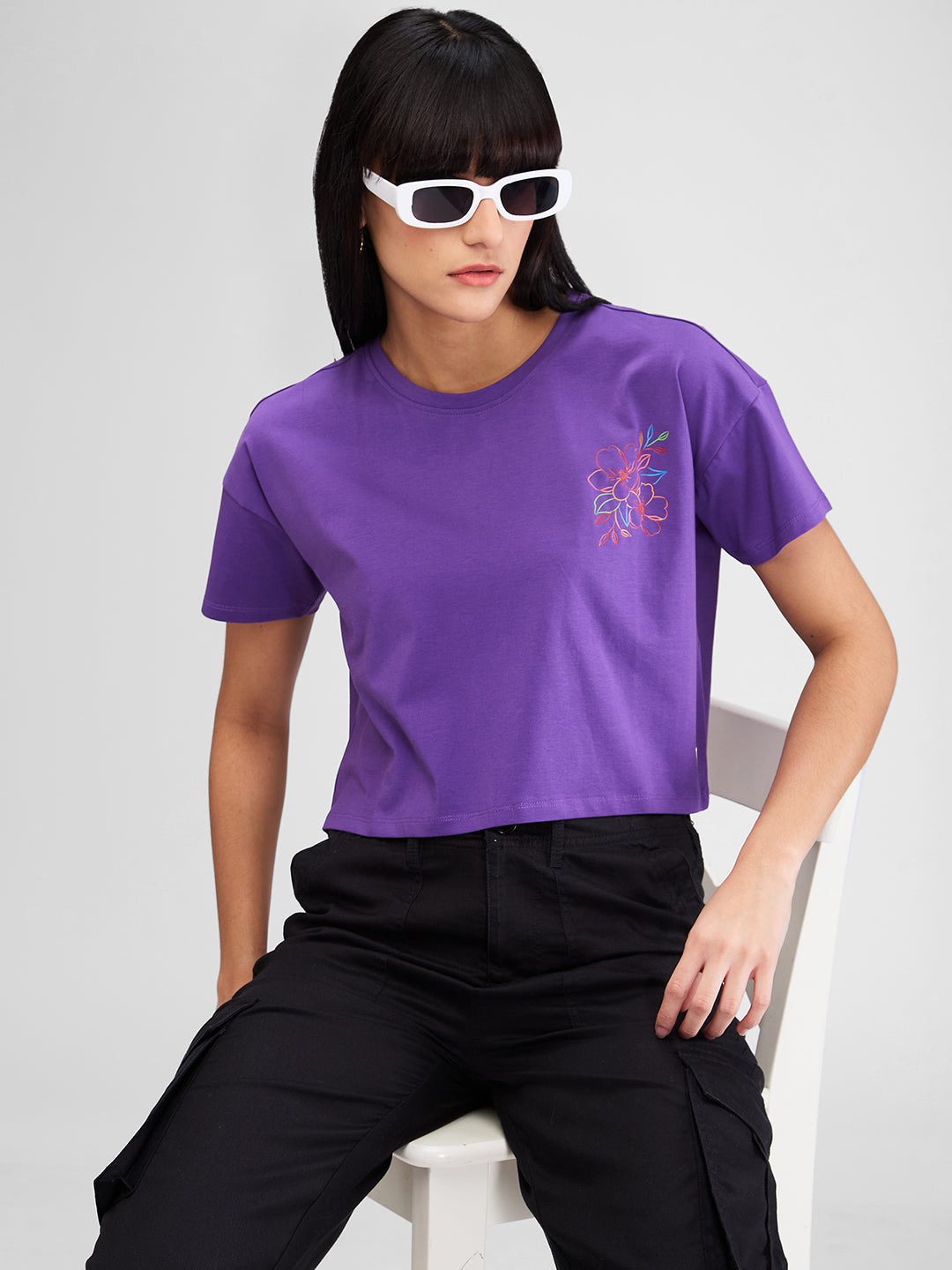 Women T-Shirt Solid Purple Boxy Fit
