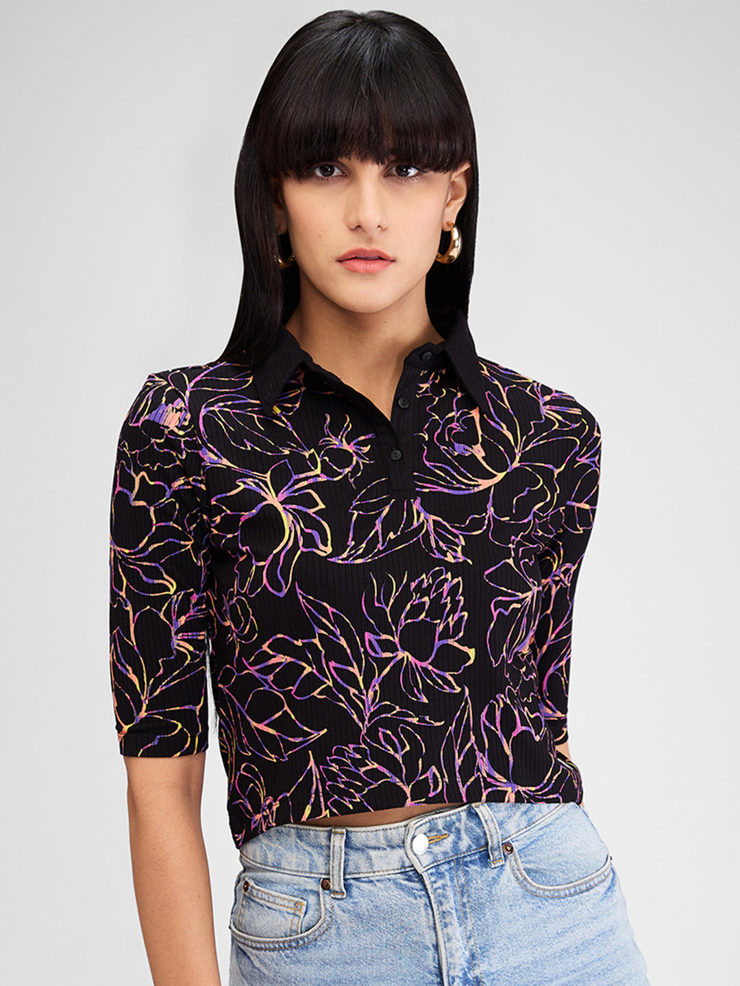 Women T-Shirt Print Black Slim Fit