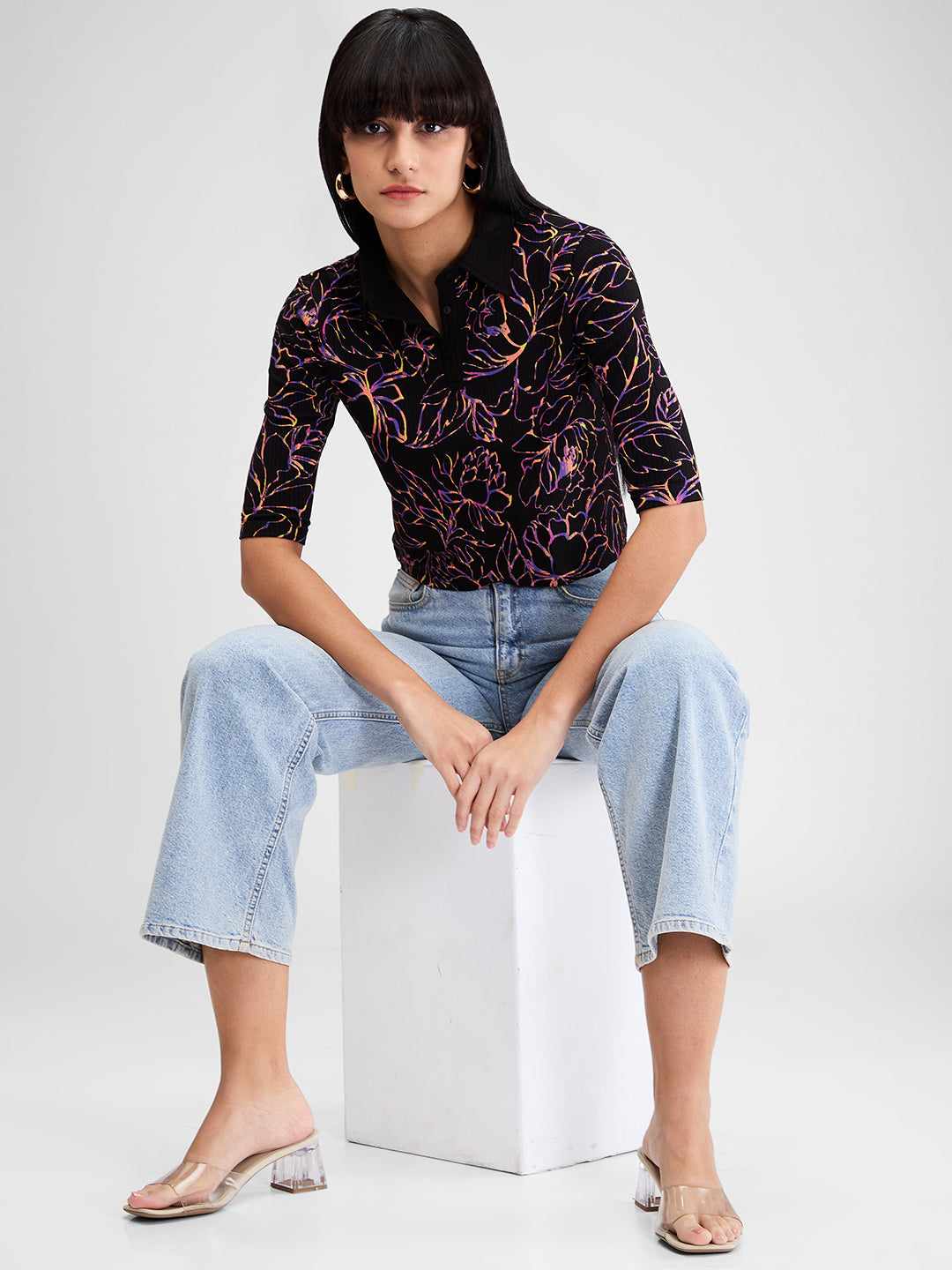 Women T-Shirt Print Black Slim Fit