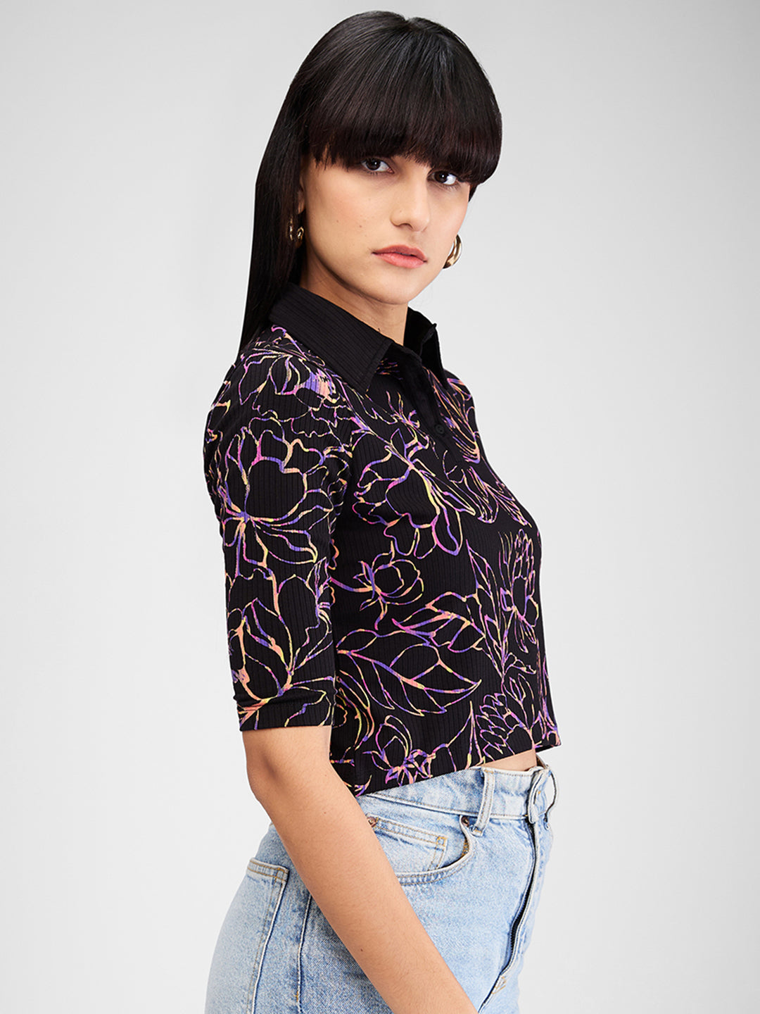 Spykar Black Half Sleeves Slim Fit Printed T-Shirt For Women