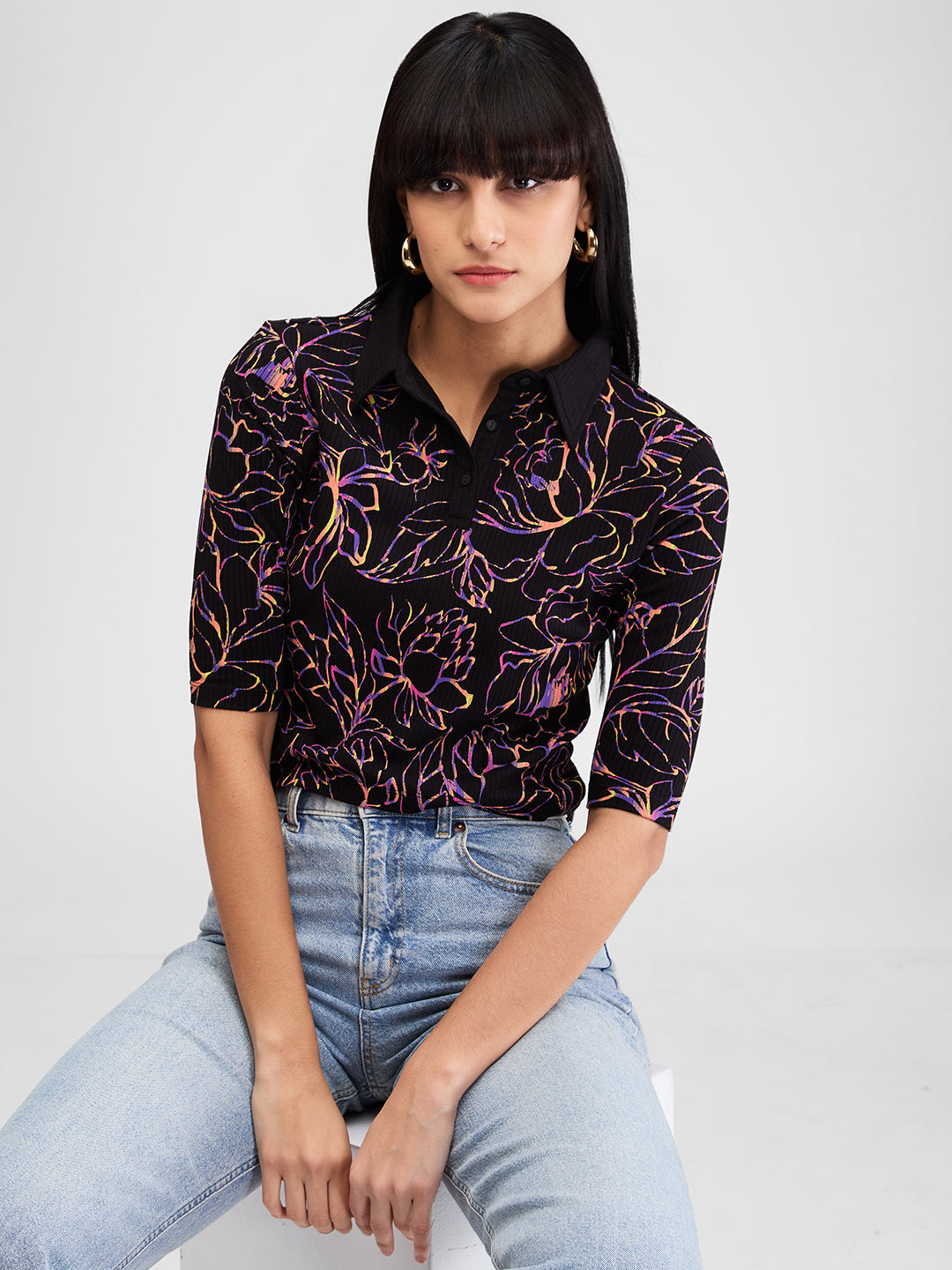 Women T-Shirt Print Black Slim Fit