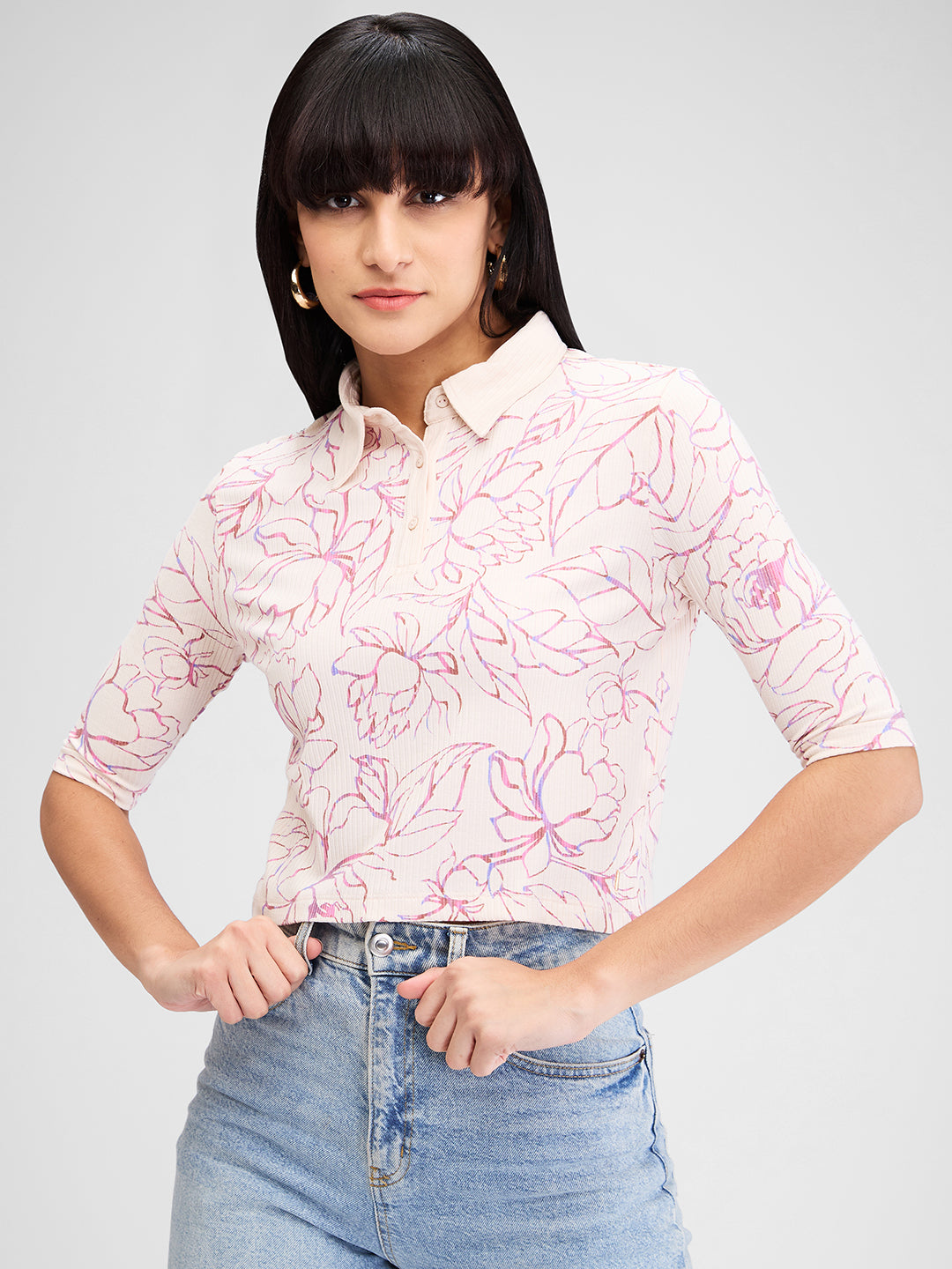 Spykar White Half Sleeves Slim Fit Printed T-Shirt For Women